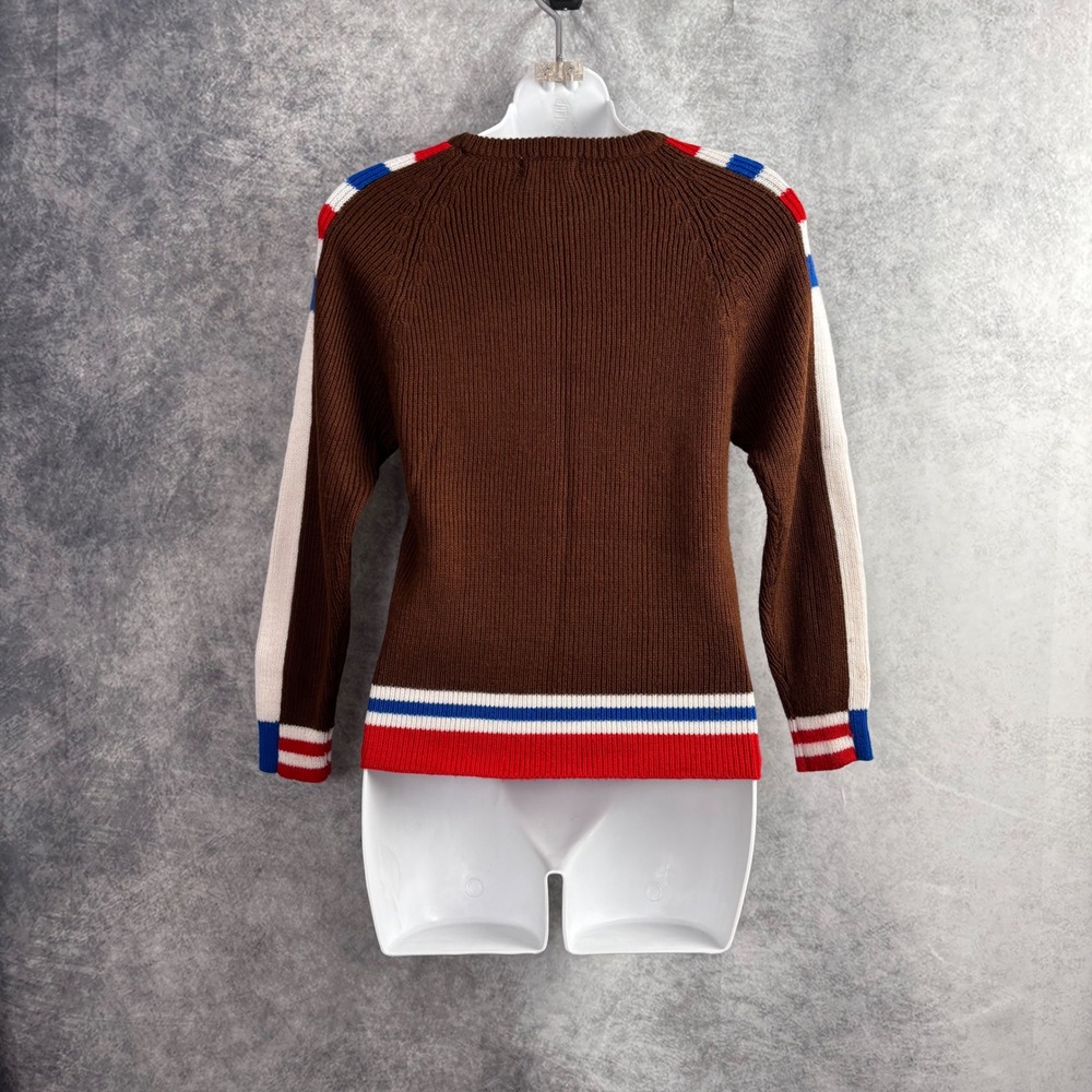Vintage Andros Acrylic Red White Blu Brown‎ Striped Sweater - Picture 3 of 8